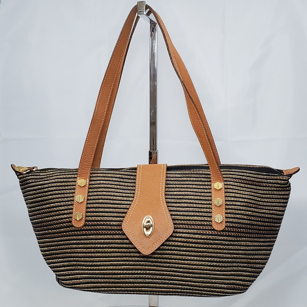 Eric Javits Squishee Straw Raffia Shoulder Bag Black Stripe Leather Studded Tote